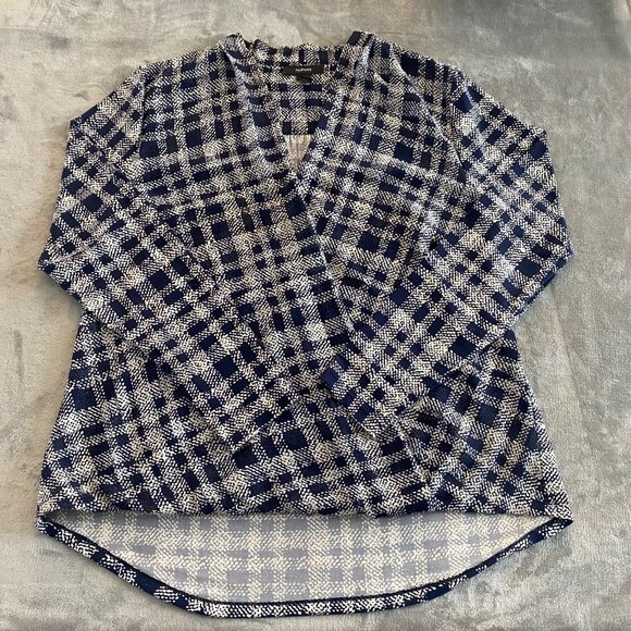 Alfani Women's Navy and White Print Front Faux Wrap‎ Blouse| Size 12 Career - Picture 1 of 8